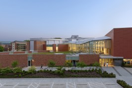 New entrance to HUB with glass and steel canopy and Penn State's only usable green roof