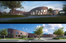 Top: View of south building facade, looking north from the 'town center' plaza. Bottom: View of north building elevation, looking south from 131st Street and Ellis Avenue.