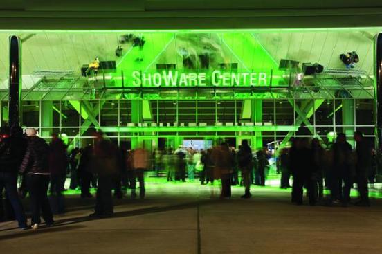 The multifunction ShoWare Center, located just outside of Seattle, seats 6,100 fans during hockey games and ice shows, and 7,800 people during concerts. The ShoWare Center lettering above the main entrance is actually a reflection of a sign that is installed horizontally below the soffit. While mirrored surfaces tend to be associated with luxe environments--casinos, discos, and boutiques--at the ShoWare Center, the polished stainless steel soffit was an efficient way to amplify the lobby and fa?ade.