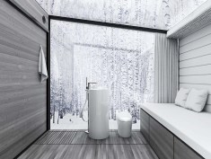 DISAPPEAR RETREAT dissolves the ecological footprint and provides seamless living with nature.  Imagine it is -25˚F on a typical winter morning in northern Minnesota, yet no heating is required.  Reducing the heating load by 95% using passive methods is a critical strategy to achieve zero-energy.  A minimalist palette and layout keeps the focus on the beautiful surroundings, offering a meditative experience.  This model has a built-in bed/sofa with storage, toilet, sink, shower, refrigerator drawer, and induction cooktop.