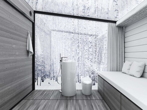 DISAPPEAR RETREAT dissolves the ecological footprint and provides seamless living with nature.  Imagine it is -25˚F on a typical winter morning in northern Minnesota, yet no heating is required.  Reducing the heating load by 95% using passive methods is a critical strategy to achieve zero-energy.  A minimalist palette and layout keeps the focus on the beautiful surroundings, offering a meditative experience.  This model has a built-in bed/sofa with storage, toilet, sink, shower, refrigerator drawer, and induction cooktop.