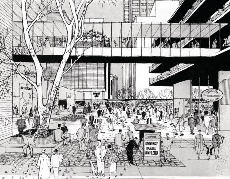 Street-level+rendering%2c+showing+pedestrian+bridges+and+parking.
