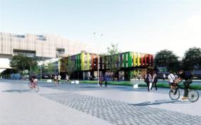 The new BI Building (right) with the Teaching Bridge beyond