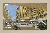 A screenprint of the 1966 Century Plaza Hotel, designed by Minoru Yamasaki. Recently threatened with demolition, the building is slated to be restored by the Los Angeles firm Marmol Radziner.