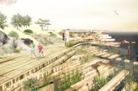 The report includes alternative proposals for the city's HarborWalk project that mitigate rising sea levels with soft infrastructure and natural landscaping.