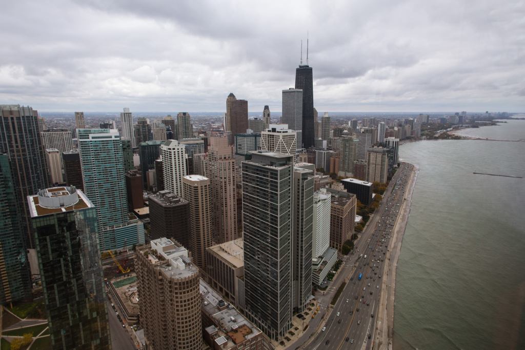 A view from the 70th floor of the 1968 Lake Point Tower, designed by George Schipporeit and John Heinrich, looking north along the coast of Lake Michigan.