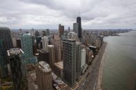 A view from the 70th floor of the 1968 Lake Point Tower, designed by George Schipporeit and John Heinrich, looking north along the coast of Lake Michigan.