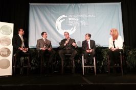 U.S. Green Building Council CEO Rick Fedrizzi (center) speaks to attendees during a keynote panel at the International Well Building Institute's conference in New Orleans last week. From left to right: Paul Scialla, founder and CEO of Delos and the International Well Building Institute; Drew Brees, New Orleans Saints' quarterback; Fedrizzi; Dr. Michael Roizen, chief wellness officer at the Cleveland Clinic; and Laura Turner Seydel, chairperson at the Captain Planet Foundation.