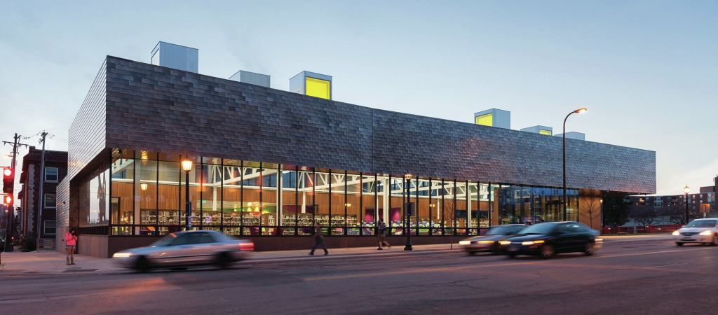 East facade at dusk, with a view of light monitors on the roof plane