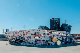 The Hopscotch Central Hub pavilion in the parking lot of the Southern California Institute of Architecture.