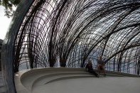 Inside the 2014-2015 iteration of the biomimetic research pavilion at the University of Stuttgart, in Germany, that this year uses bundled strands of carbon fiber to support a translucent ETFE membrane.