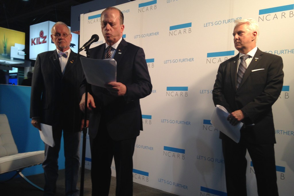Left to right: NCARB president Dale McKinney, CEO Mike Armstrong, and first vice president and president-elect Dennis Ward at the press event held on Thursday at the AIA Convention.