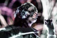 Björk wears the Rottlace mask during her June 8, 2016,  live performance in the Miraikan, Tokyo.