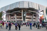 The entrance plaza to the Golden 1 Arena. Jeff Koons' Coloring Book # (Number) 4 (shown right) has become a popular spot for selfies.