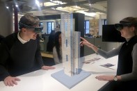 A composite image demonstrating how Perkins+Will is utilizing Microsoft HoloLens to interact with building models in mixed reality.