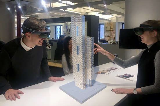 A composite image demonstrating how Perkins+Will is utilizing Microsoft HoloLens to interact with building models in mixed reality.