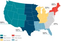 Percent of architecture students of color in each U.S. region. Sources: NAAB and KFF.org