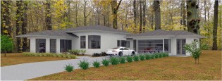 front view with stucco exterior & sloped roofs