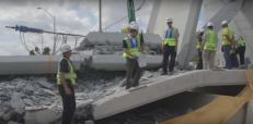 The area of interest where the bridge collapse may have started. The tensioning rod being tightened at the time of the collapse is sticking out above the canopy with the post-tensioning jack still attached to its end.