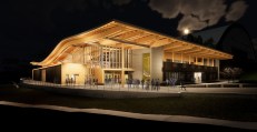 View of northwest corner, Idaho Central Credit Union Arena, at the University of Idaho; designed by Hastings+Chivetta and Opsis Architecture
