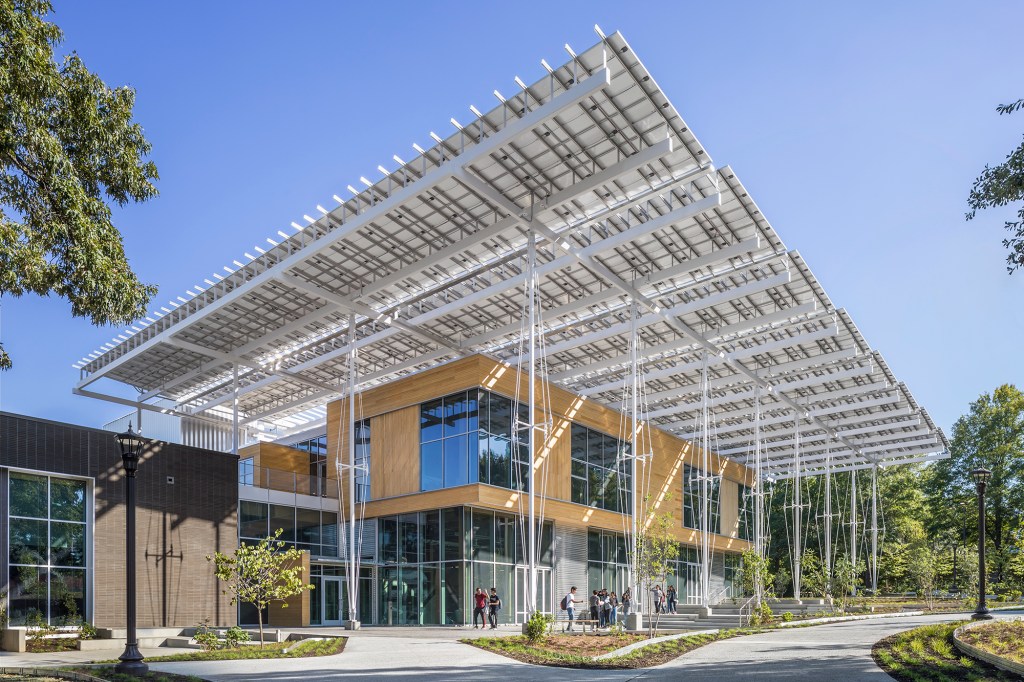 View from northwest of the Kendeda Building for Innovative Sustainable Design at Georgia Tech.