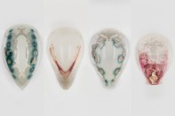Chemical signals embedded in a series of masks 3D printed by the Media Lab's Mediated Matter group caused living engineered bacteria coated onto the masks to produce colors only in the areas treated with the chemical signals.
