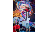 A basketball court at POP Courts! in Chicago provides a colorful space for youth activities