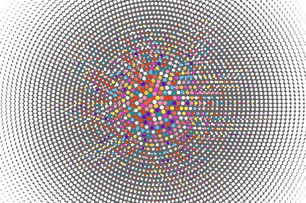 Abstract dotted background. Multicolored halftone radial fade. Polka dot transition. Vector background.