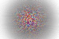 Abstract dotted background. Multicolored halftone radial fade. Polka dot transition. Vector background.
