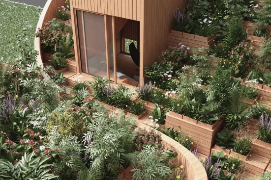 Yin and Yang house features a green roof and channels rainwater into storage basins to help irrigate the plants.