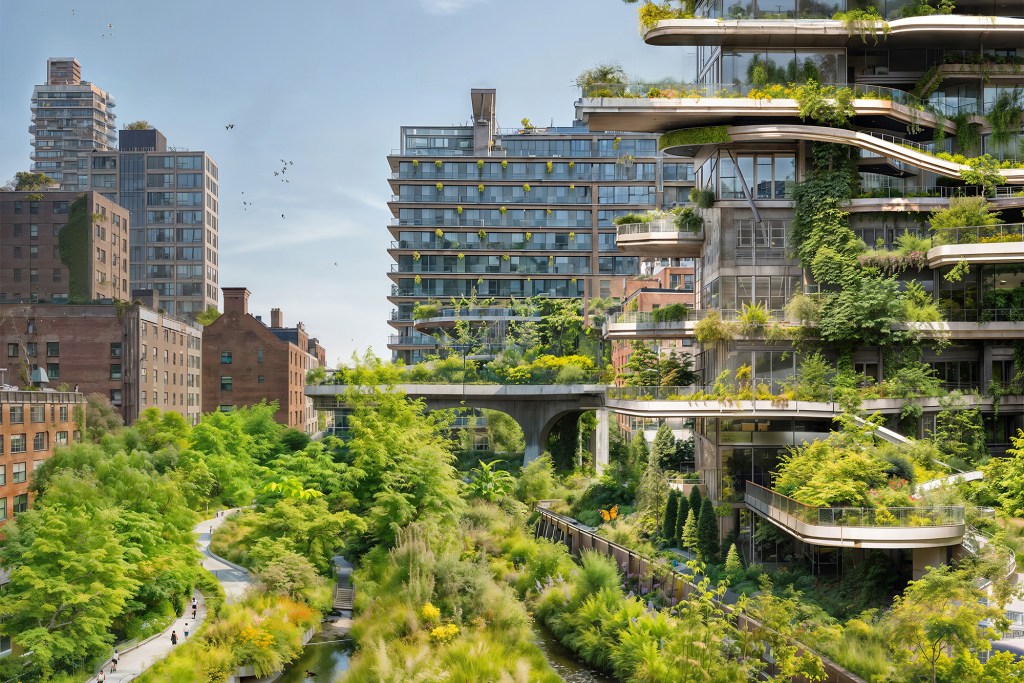 AI-generated illustrations of rewilded cities