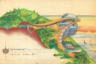 Eugene Tssui (American, b. 1954). “Venturus,” wind-generated dwelling for Mr. and Mrs. Peter Cook, Victoria, BC, Canada. Project, 1982. Elevation and section through entrance tunnel. Watercolor, Prismacolor pencil, pastel chalk, and colored ink on paper, 21 × 32″ (53.3 × 81.3 cm). Collection Eugene Tssui.