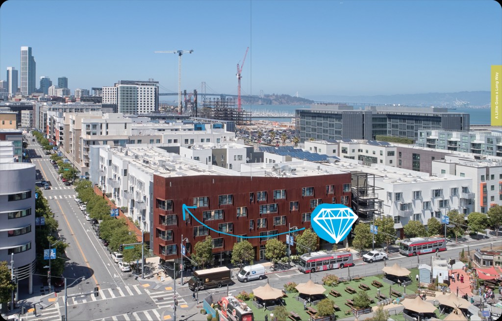 The bold, weathering-steel corner volume at Five88 frames a gateway to San Francisco’s evolving Mission Bay neighborhood.