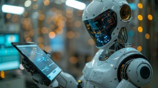 The robot consults a digital tablet displaying complex schematics and safety protocols, demonstrating its integration with advanced digital tools for enhanced operational effectiveness.