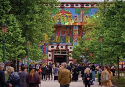 MAHKU (Movimento dos Artistas Huni Kuin), external view of Kapewe Pukeni [Bridgealligator], 2024, at “Foreigners Everywhere,” at the 60th International Art Exhibition – La Biennale di Venezia. Photo by AVZ. Courtesy of La Biennale di Venezia.