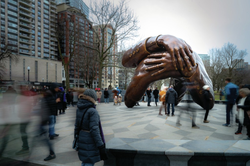 The Embrace, design by Hank Willis Thomas in collaboration with MASS Design Group and Embrace Boston, on the Boston Commons.