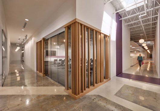 Conference Hall: Fabric tubes provide privacy and texture next to the sleek glass walls.