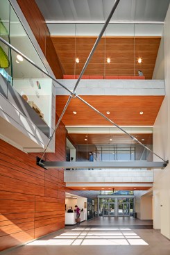 Media center reading nook overlooks three story sunlit lobby with views of the South entry bus drop-off through to North entry parent drop-off.