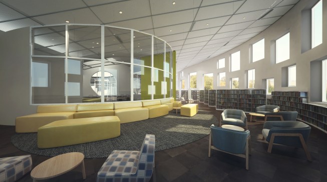 Interior view of library interior at the reading area, YOUMedia lab beyond glazing.