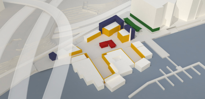 Fish Market campus including existing barges and historic structures