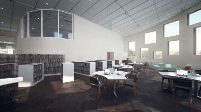 Interior view at the library interior at the school age children's area with the early learning area beyond.