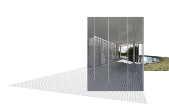 Interior view to courtyard and out to lake.