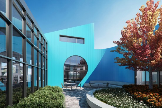View looking south from the courtyard area toward the media lab.