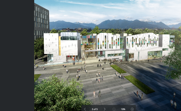 South elevation render with downtown Vancouver and Coastal Mountains.