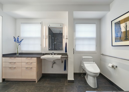 View of the outside wall with shallow vanity and self-cleaning bidet combo toilet.