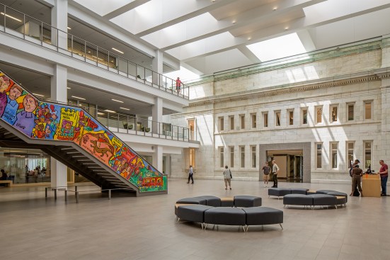 Library Atrium with stairway mural by Aminah Robinson