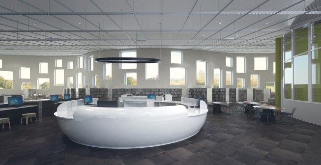 Interior view at the library entry and library circulation desk.