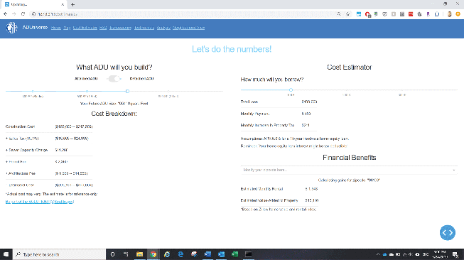 The prototype of the ADUniverse tool included cost analyses and breakdowns for users and homeowners interested in constructing an accessory dwelling unit.