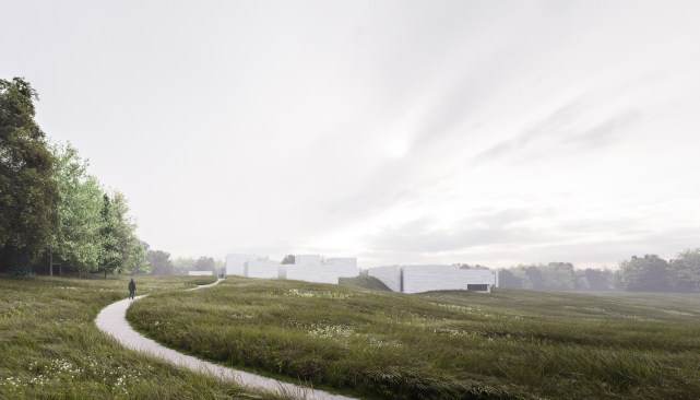 The approach to the new Thomas Phifer and Partners-designed Glenstone museum in Potomac, Md., from the north.