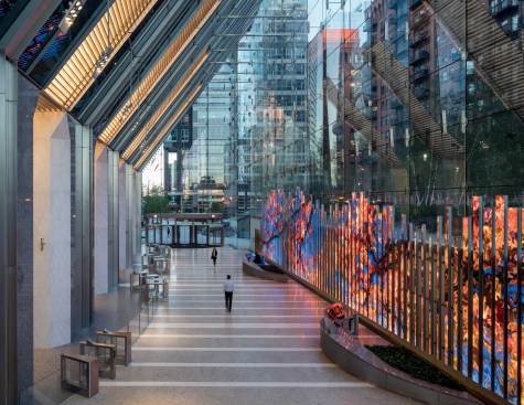 Lobby and 150 Media Stream LED Wall - The 150 Media Stream is a 150-foot-long, site-specific installation that provides a focal point in the lobby.